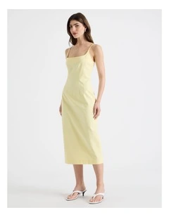 Cotton Blend Sleeveless Midi Dress With Darts in Yellow