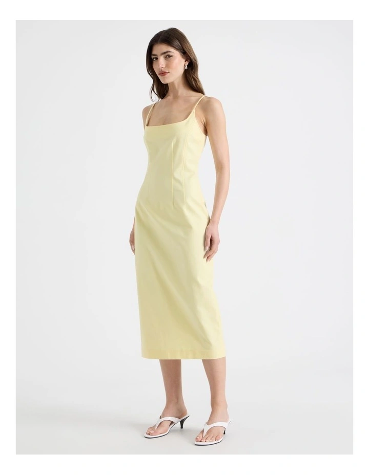 Cotton Blend Sleeveless Midi Dress With Darts in Yellow image 1