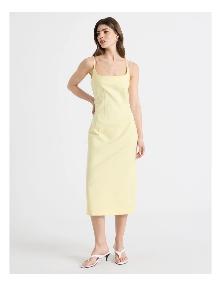 Cotton Blend Sleeveless Midi Dress With Darts in Yellow image 3