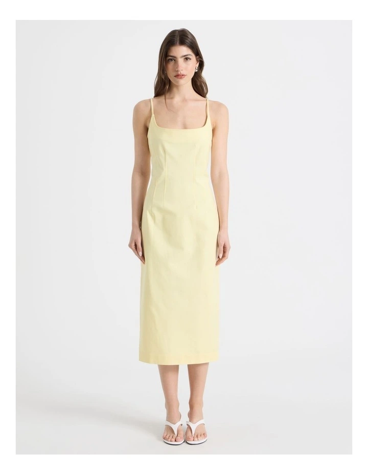 Cotton Blend Sleeveless Midi Dress With Darts in Yellow image 5