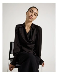 Petite Satin Cowl Collar Blouse in Black