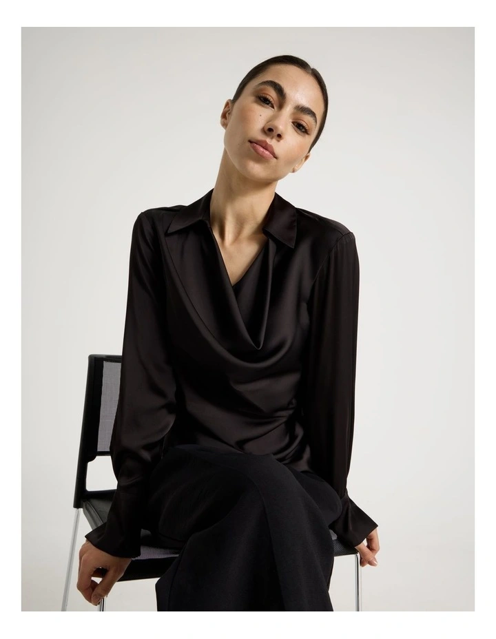 Petite Satin Cowl Collar Blouse in Black image 1