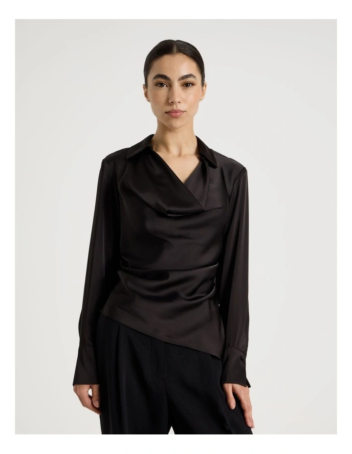 Petite Satin Cowl Collar Blouse in Black image 2