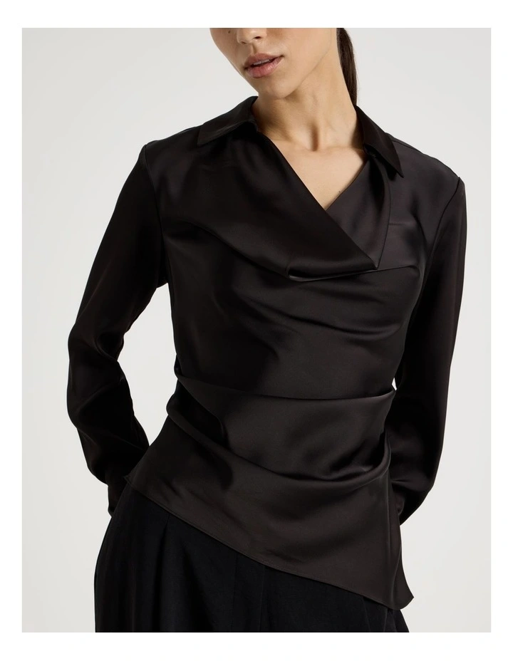 Petite Satin Cowl Collar Blouse in Black image 4