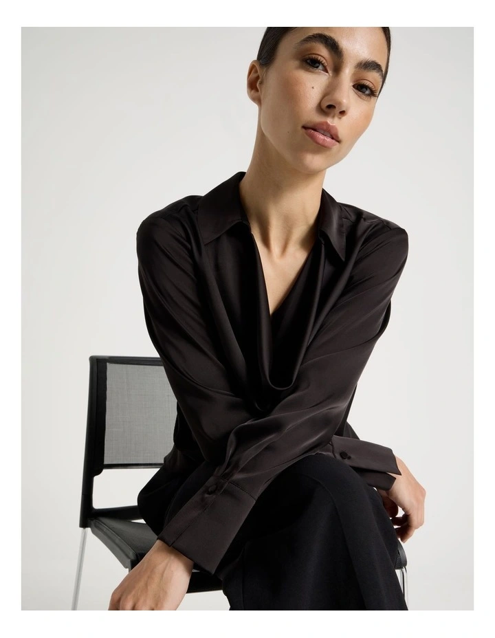 Petite Satin Cowl Collar Blouse in Black image 6