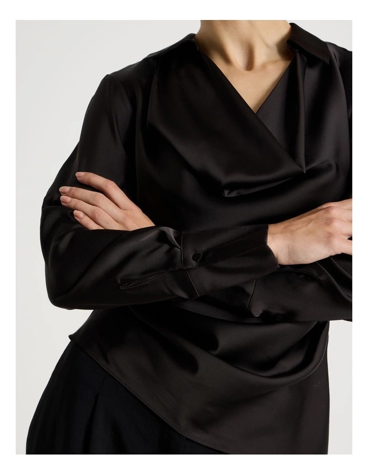 Petite Satin Cowl Collar Blouse in Black image 7