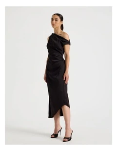 Petite Satin Draped Asymmetrical Midi Dress in Black
