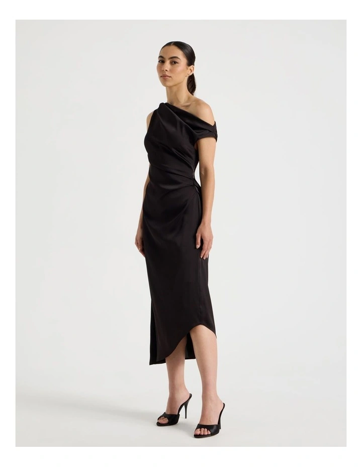 Petite Satin Draped Asymmetrical Midi Dress in Black image 1