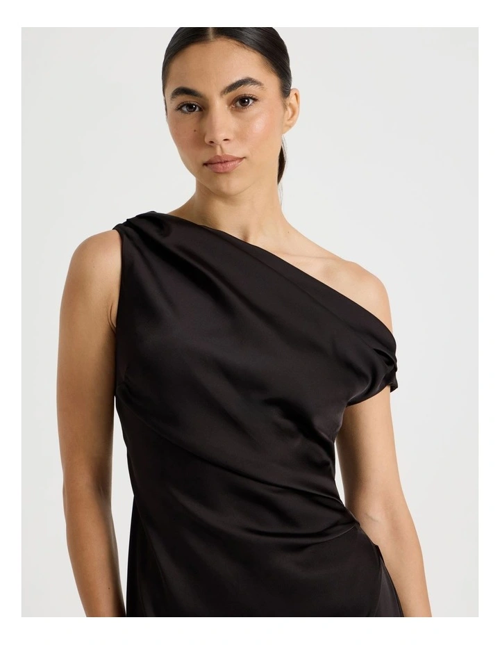 Petite Satin Draped Asymmetrical Midi Dress in Black image 2