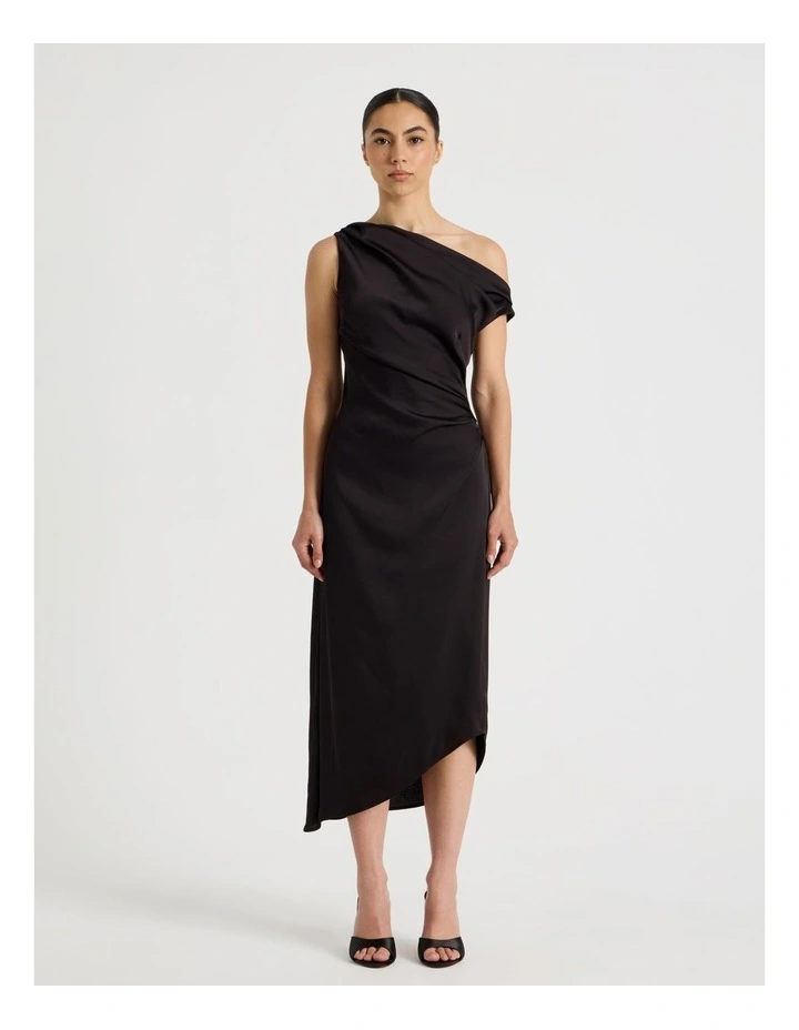 Petite Satin Draped Asymmetrical Midi Dress in Black image 3