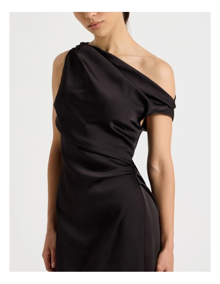 Petite Satin Draped Asymmetrical Midi Dress in Black image 4