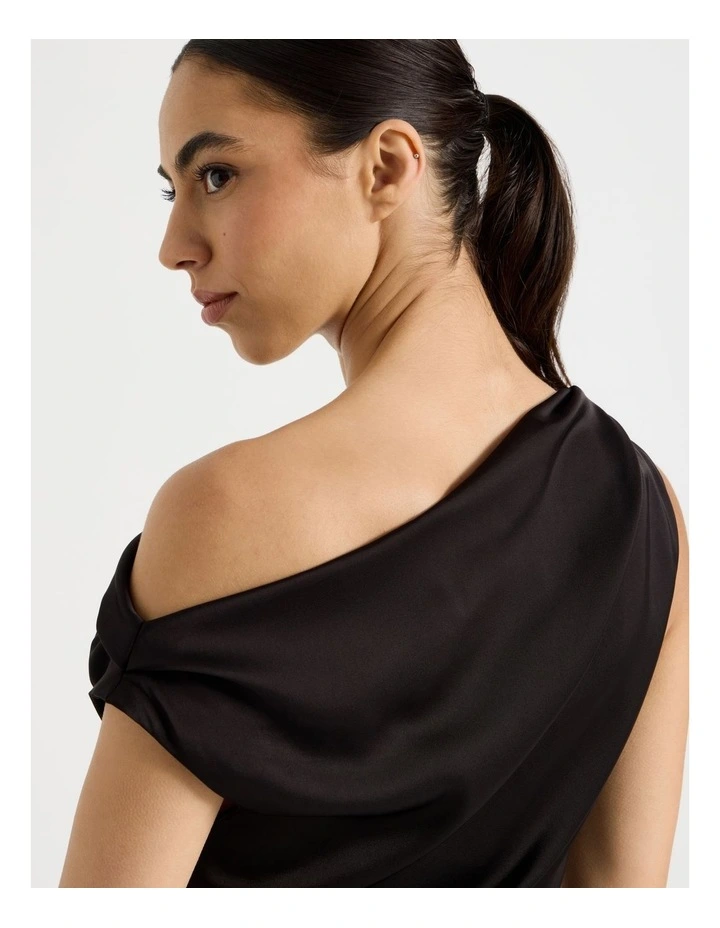 Petite Satin Draped Asymmetrical Midi Dress in Black image 5