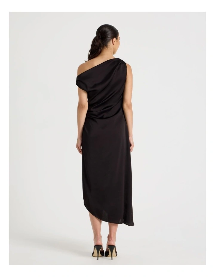 Petite Satin Draped Asymmetrical Midi Dress in Black image 6