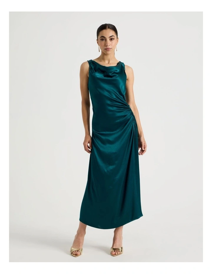 Petite Satin Ruched Asymmetrical Midi Dress in Atlantic image 1