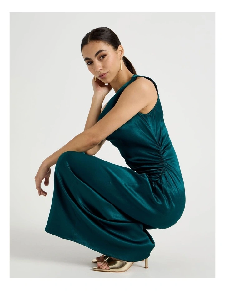 Petite Satin Ruched Asymmetrical Midi Dress in Atlantic image 2