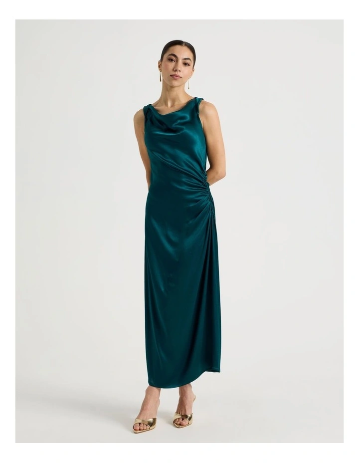 Petite Satin Ruched Asymmetrical Midi Dress in Atlantic image 5