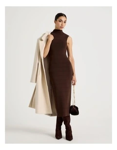 Petite Bandage Knit Midi Dress in Dark Brown