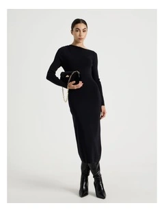 Petite Asymmetrical Off Shoulder Knit Midi Dress in Black