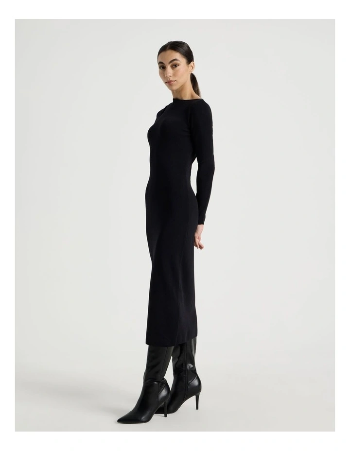 Petite Asymmetrical Off Shoulder Knit Midi Dress in Black image 2