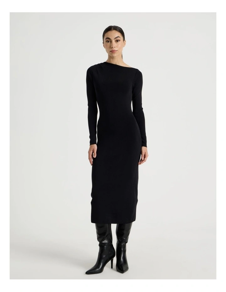 Petite Asymmetrical Off Shoulder Knit Midi Dress in Black image 4