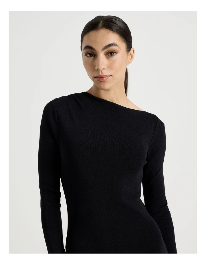 Petite Asymmetrical Off Shoulder Knit Midi Dress in Black image 5