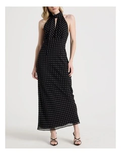 Petite Halter Plunge Maxi Dress in Black/White
