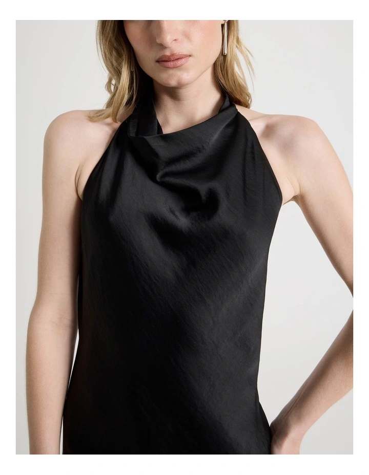 Petite Satin Halter Maxi Dress in Black image 3