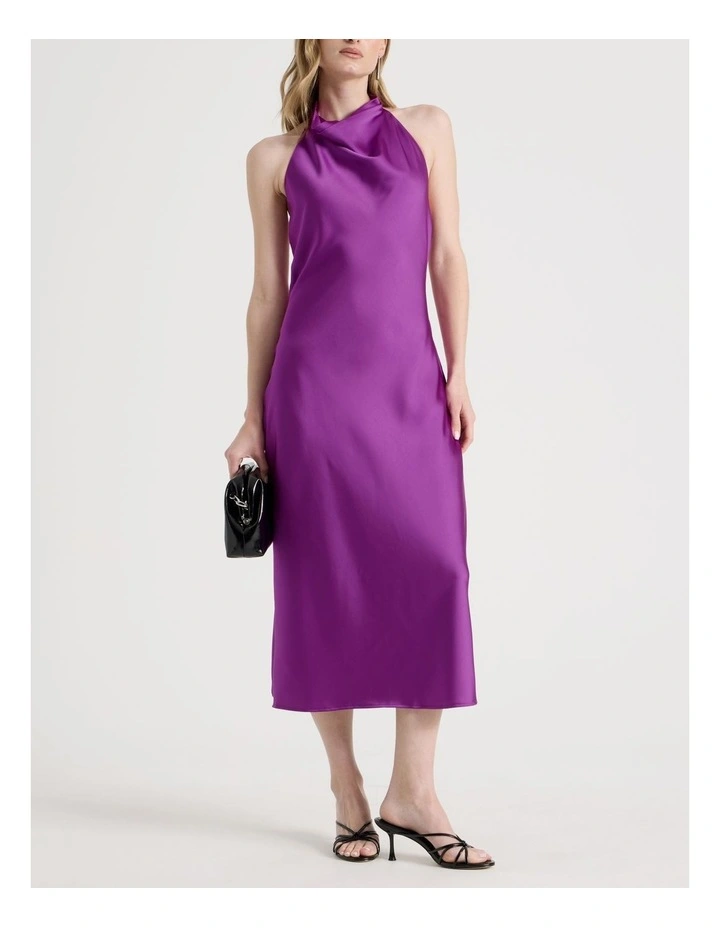 Petite Satin Halter Maxi Dress in Grape image 2