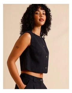 Lyocell Linen Blend Button Front Vest in Black