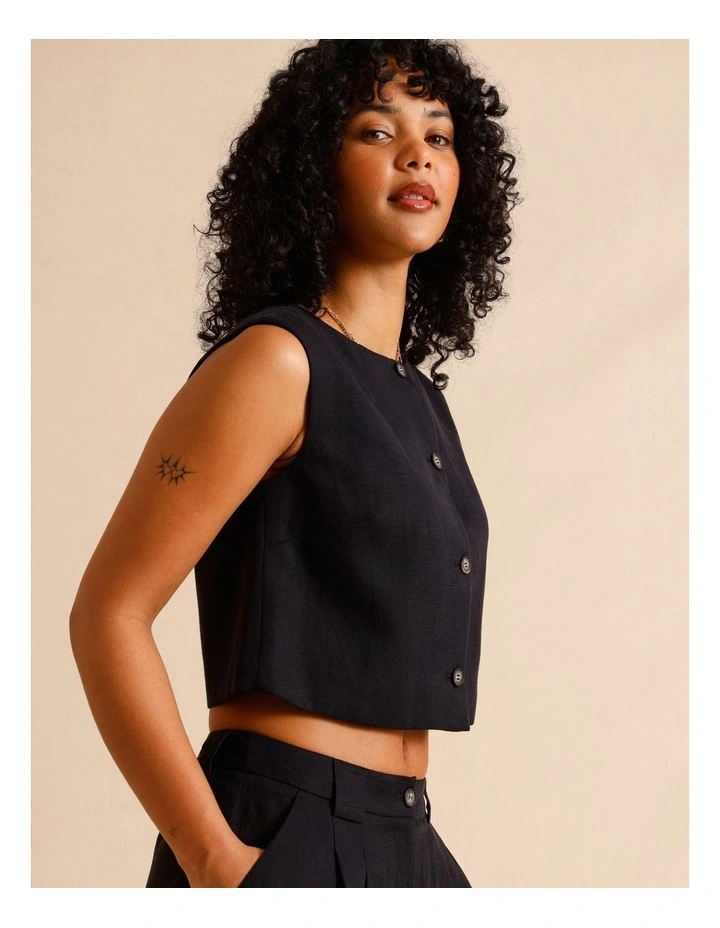 Lyocell Linen Blend Button Front Vest in Black image 1