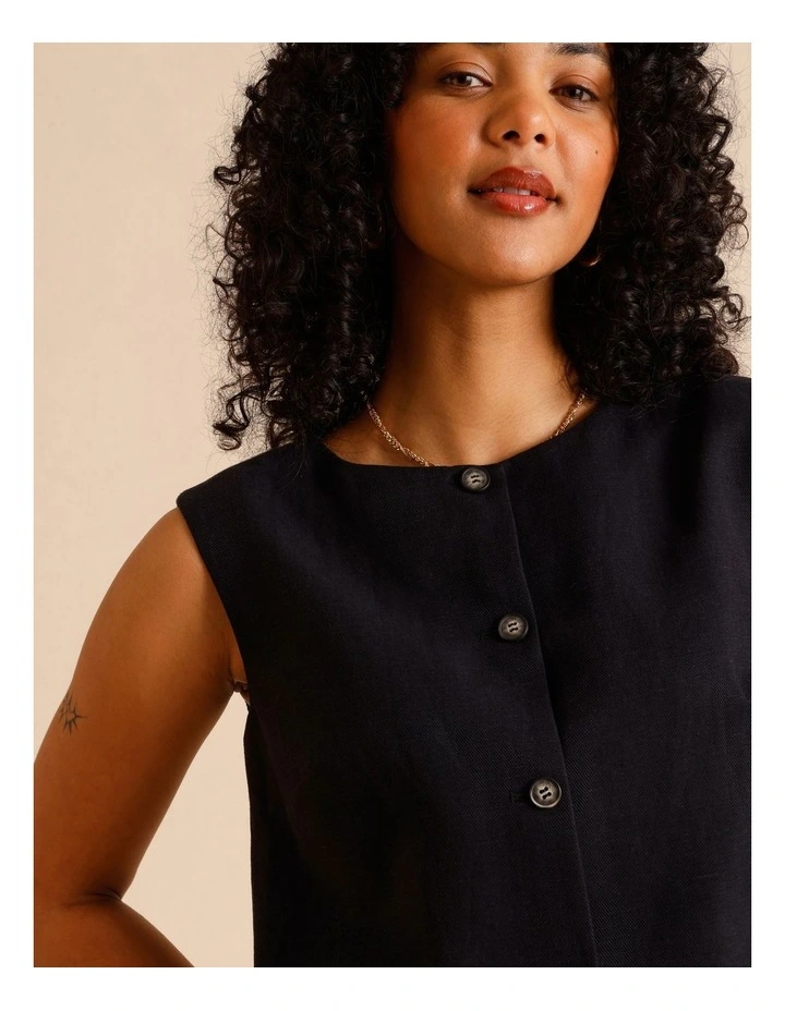 Lyocell Linen Blend Button Front Vest in Black image 3