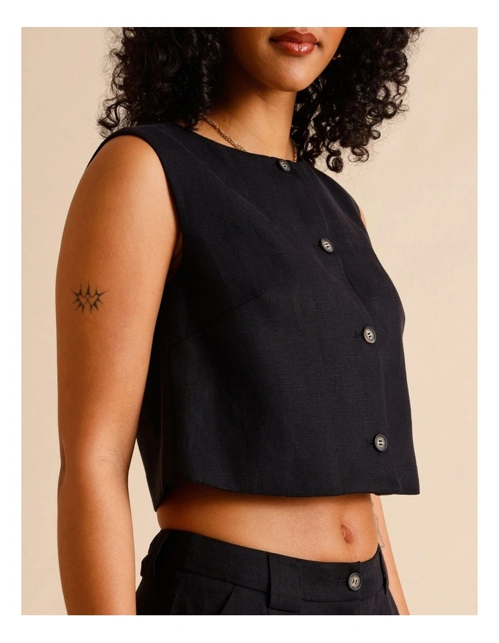 Lyocell Linen Blend Button Front Vest in Black image 4