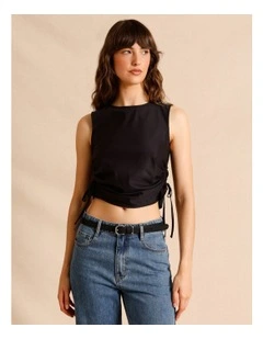 Lyocell Cotton Blend Ruched Tie Side Tank in Black