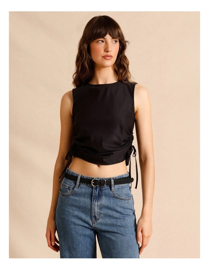 Lyocell Cotton Blend Ruched Tie Side Tank in Black image 1