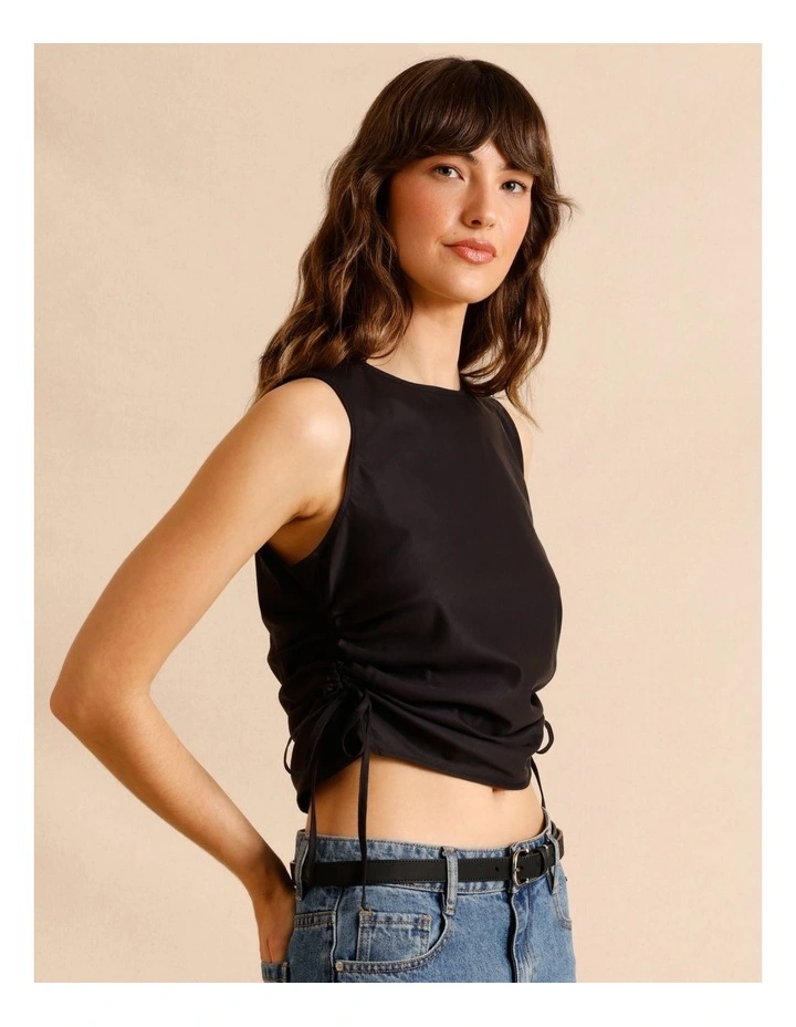 Lyocell Cotton Blend Ruched Tie Side Tank in Black image 2