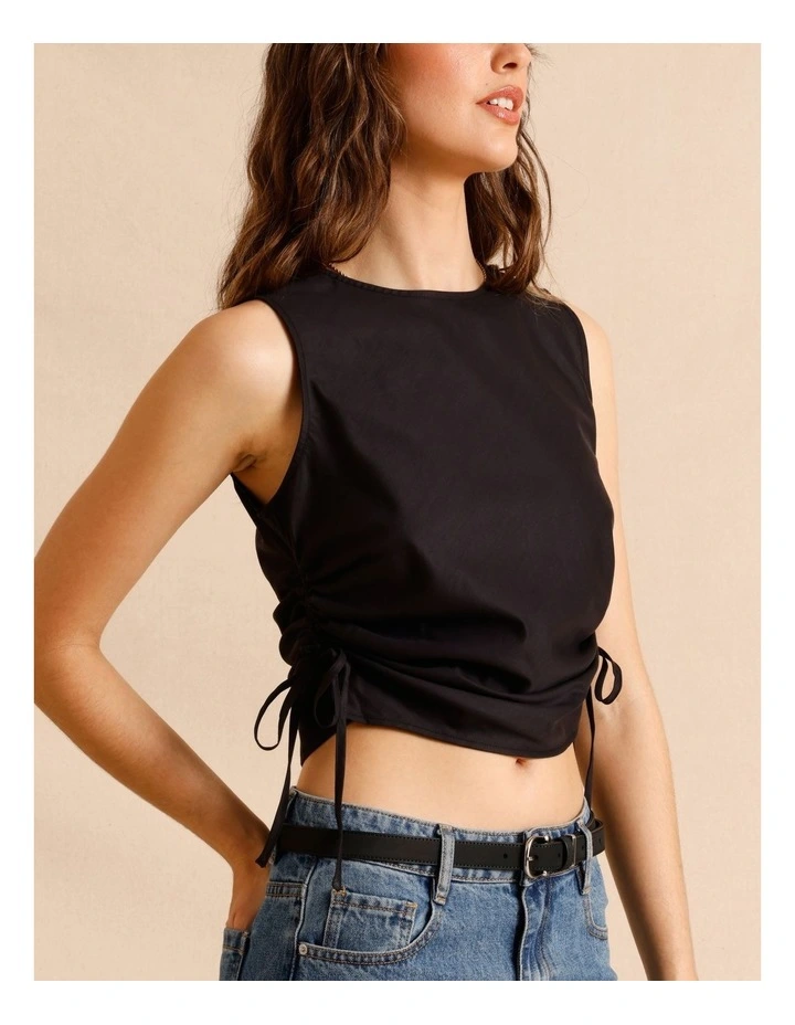 Lyocell Cotton Blend Ruched Tie Side Tank in Black image 4