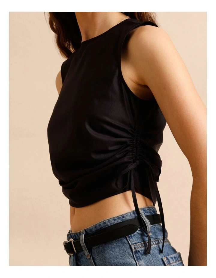 Lyocell Cotton Blend Ruched Tie Side Tank in Black image 6