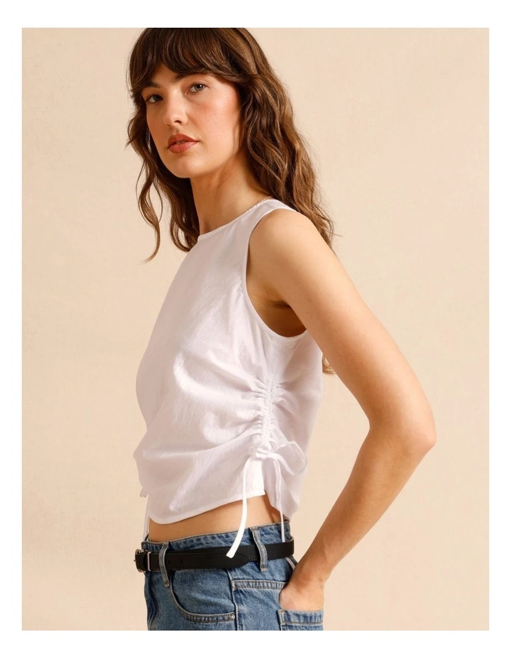 Lyocell Cotton Blend Ruched Tie Side Tank in White image 1