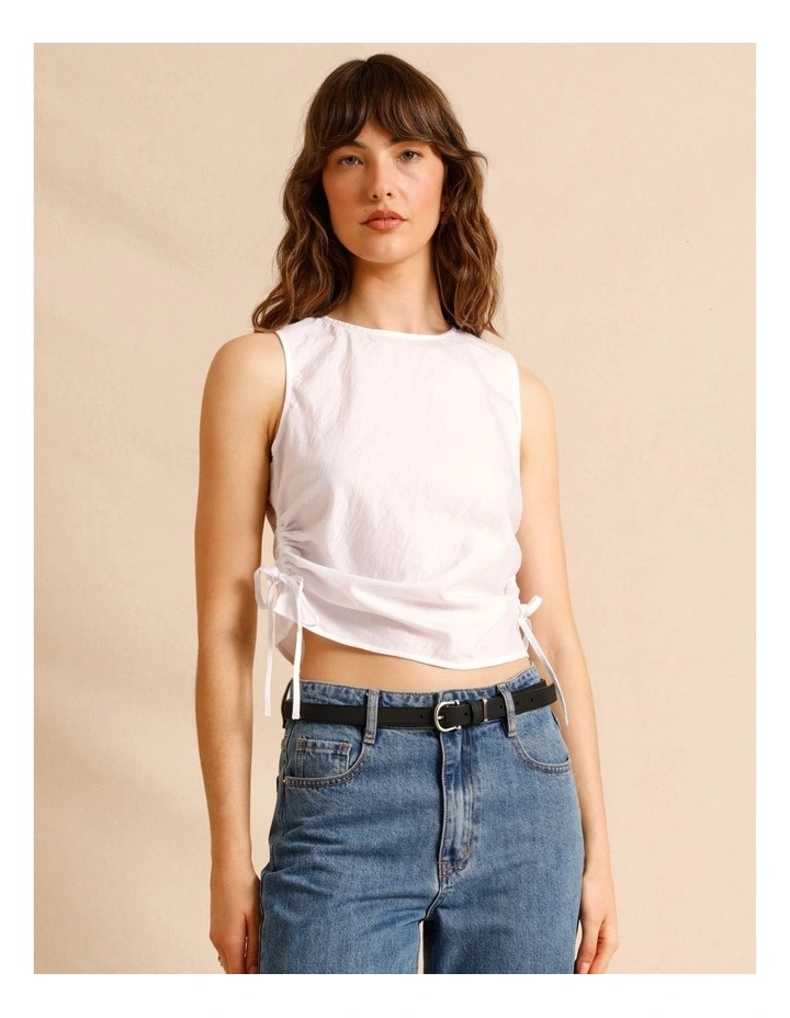 Lyocell Cotton Blend Ruched Tie Side Tank in White image 3