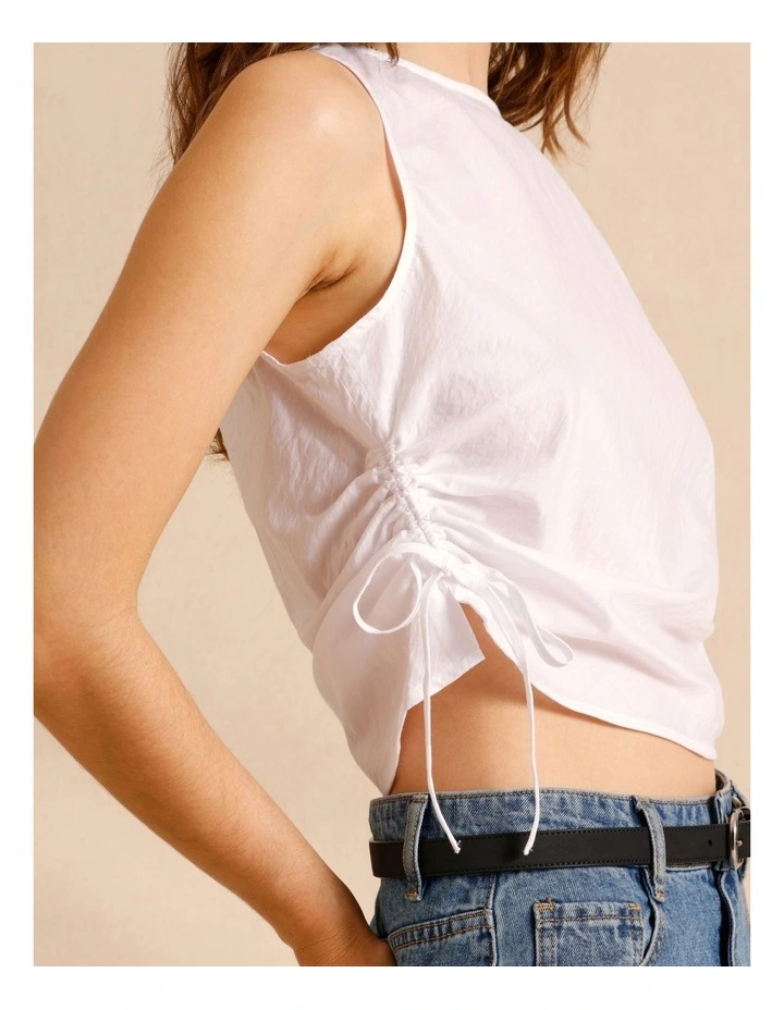 Lyocell Cotton Blend Ruched Tie Side Tank in White image 4