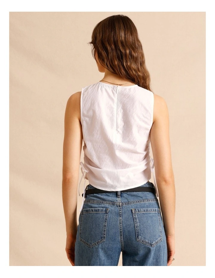 Lyocell Cotton Blend Ruched Tie Side Tank in White image 5