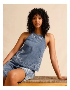 Recycled Cotton Blend Corded Denim Halter Top in Mid Blues