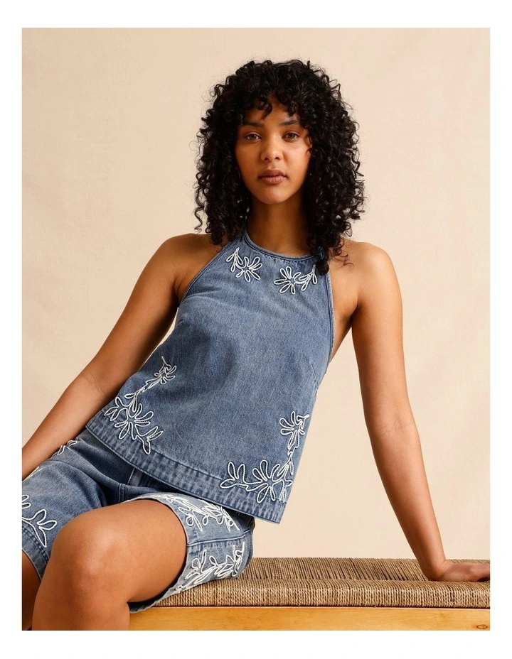 Recycled Cotton Blend Corded Denim Halter Top in Mid Blues image 1