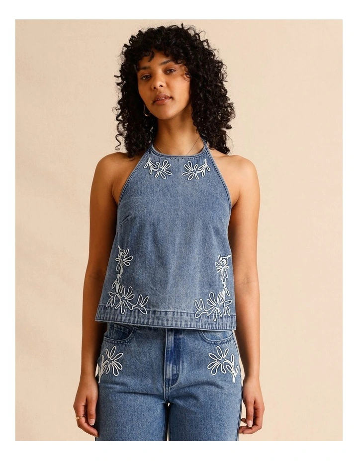 Recycled Cotton Blend Corded Denim Halter Top in Mid Blues image 2