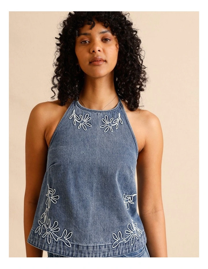 Recycled Cotton Blend Corded Denim Halter Top in Mid Blues image 3