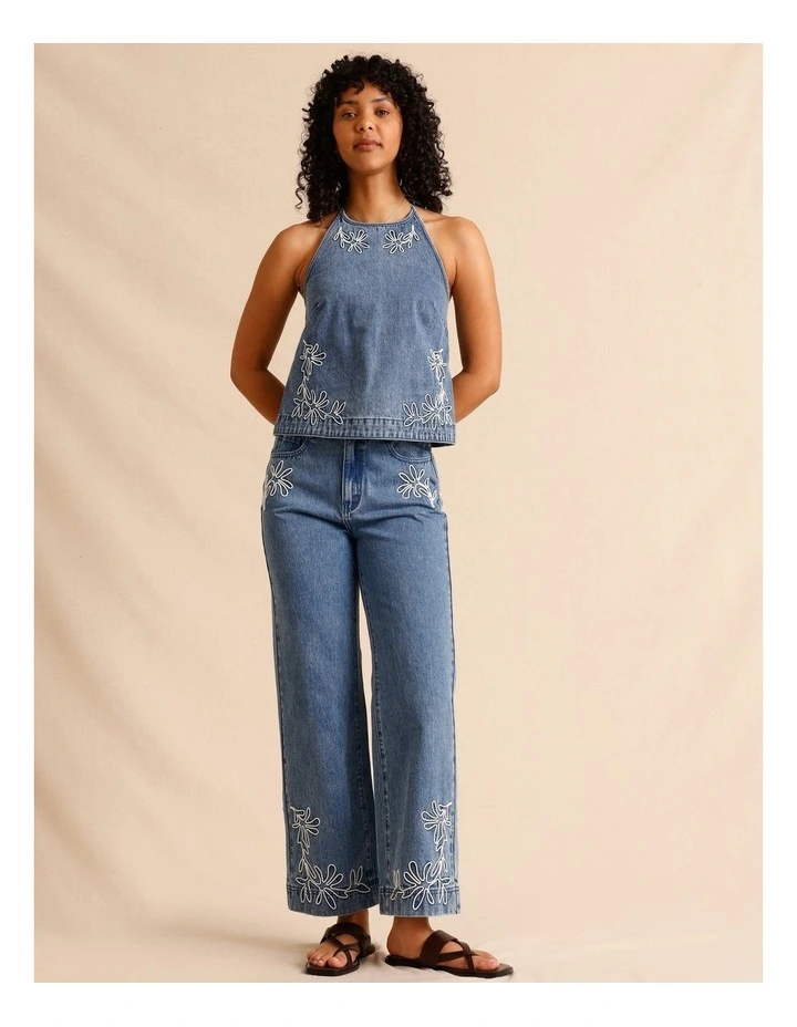 Recycled Cotton Blend Corded Denim Halter Top in Mid Blues image 4