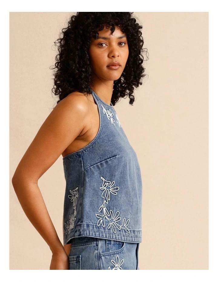 Recycled Cotton Blend Corded Denim Halter Top in Mid Blues image 5