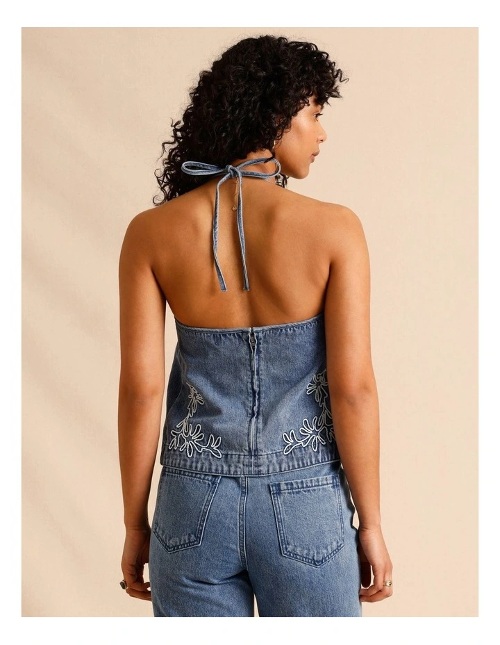 Recycled Cotton Blend Corded Denim Halter Top in Mid Blues image 6