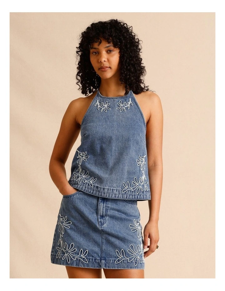 Recycled Cotton Blend Corded Denim Halter Top in Mid Blues image 7