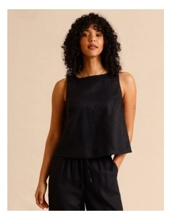 European Linen Square Neckline Top in Black